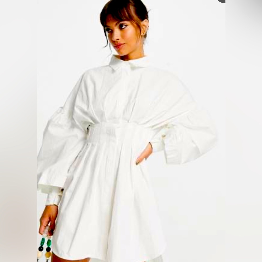 ghospell waist detail shirt mini dress in cream- gently worn
